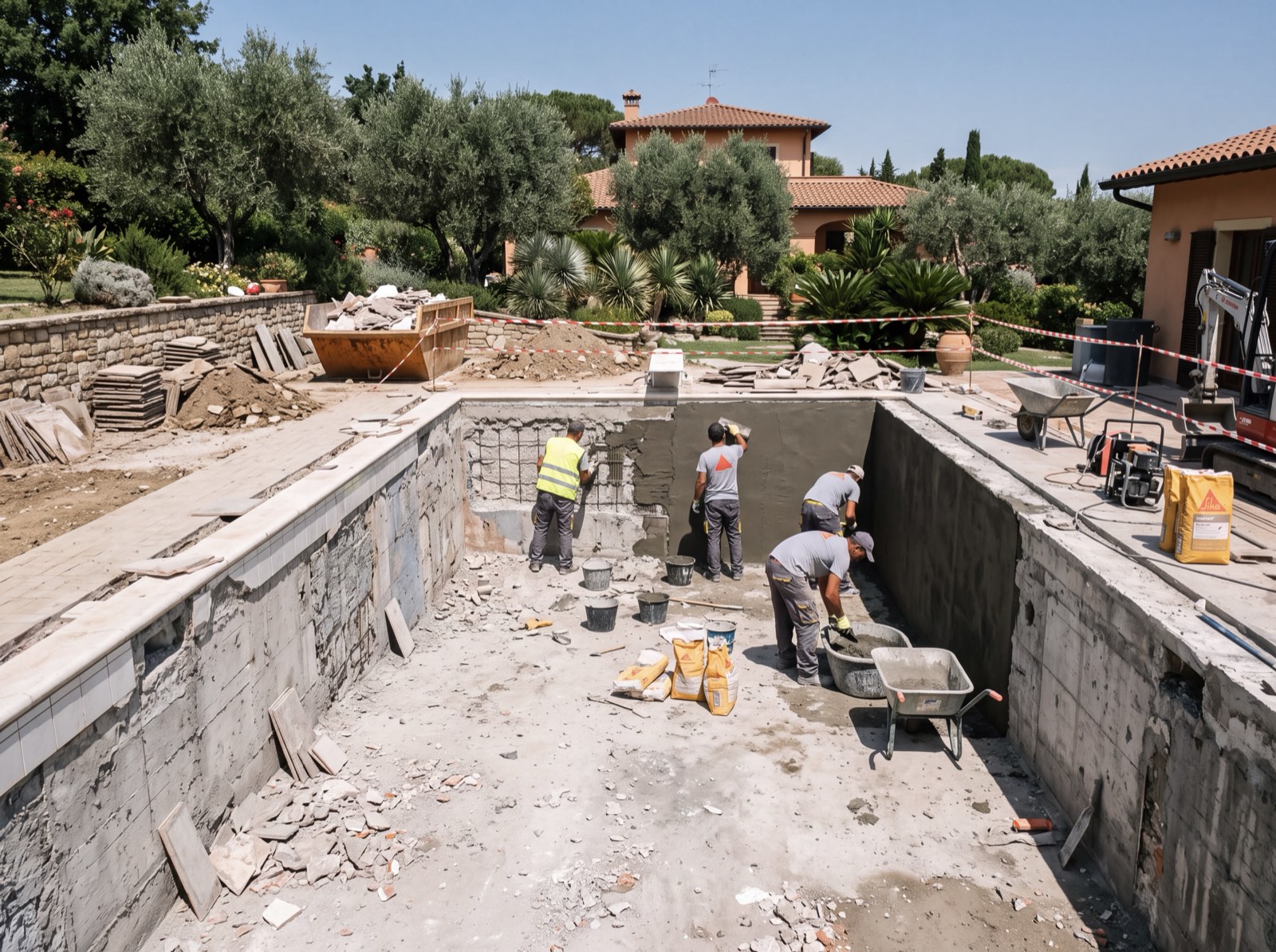Piscina residenziale esistente svuotata e pronta per la ristrutturazione
